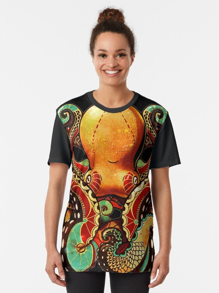 Octopus graphic design t-shirt featuring sea life inspired artwork with tentacles and a zentacle pattern - Women