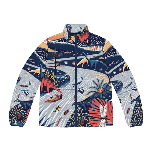 Jurassic puffer jacket featuring a colorful, limited palette design inspired by prehistoric animals