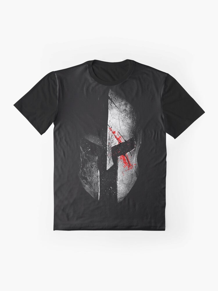 Spartan warrior graphic t-shirt featuring dark art, helmet, and bloody design - Flat lay