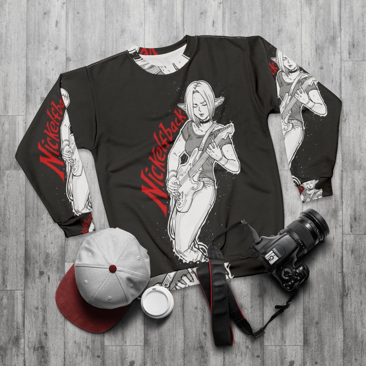 Elf Rock Band Sweatshirt featuring fantasy design and guitar - flat lay