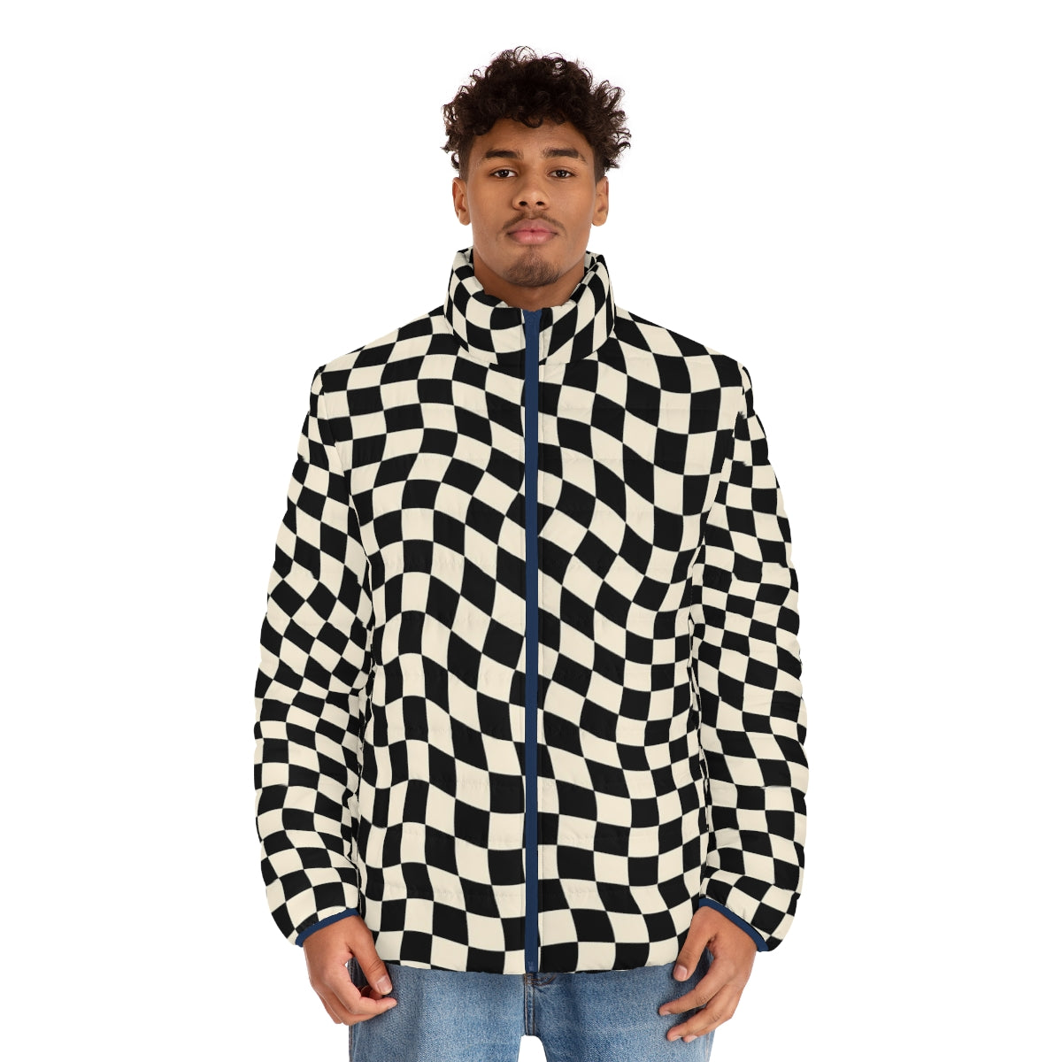 A colorful and stylish checkerboard puffer jacket with a wavy, retro pattern - men front