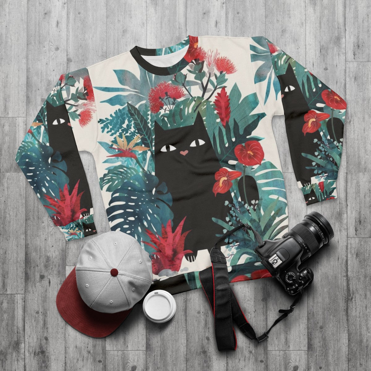 Popoki Black Cat Sweatshirt with Tropical Floral Print - flat lay