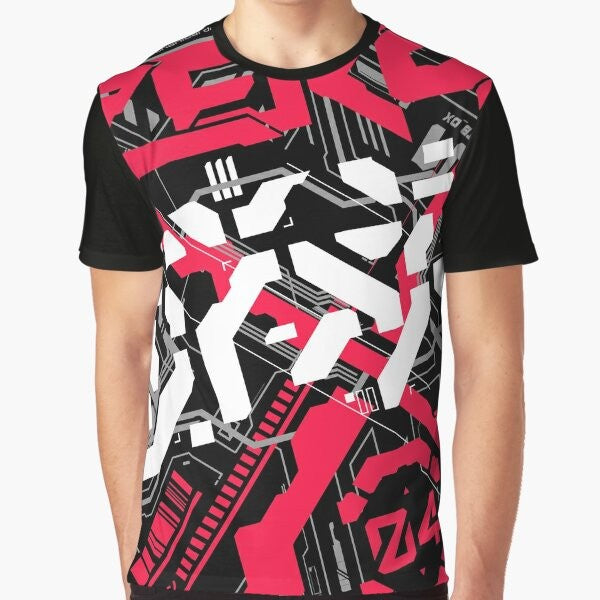 Cyberpunk techwear graphic t-shirt with futuristic mech design and Japanese-inspired elements