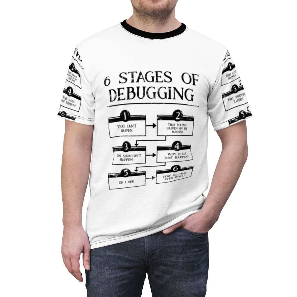 T-shirt with 6 stages of debugging design for computer programmers and software engineers - men front