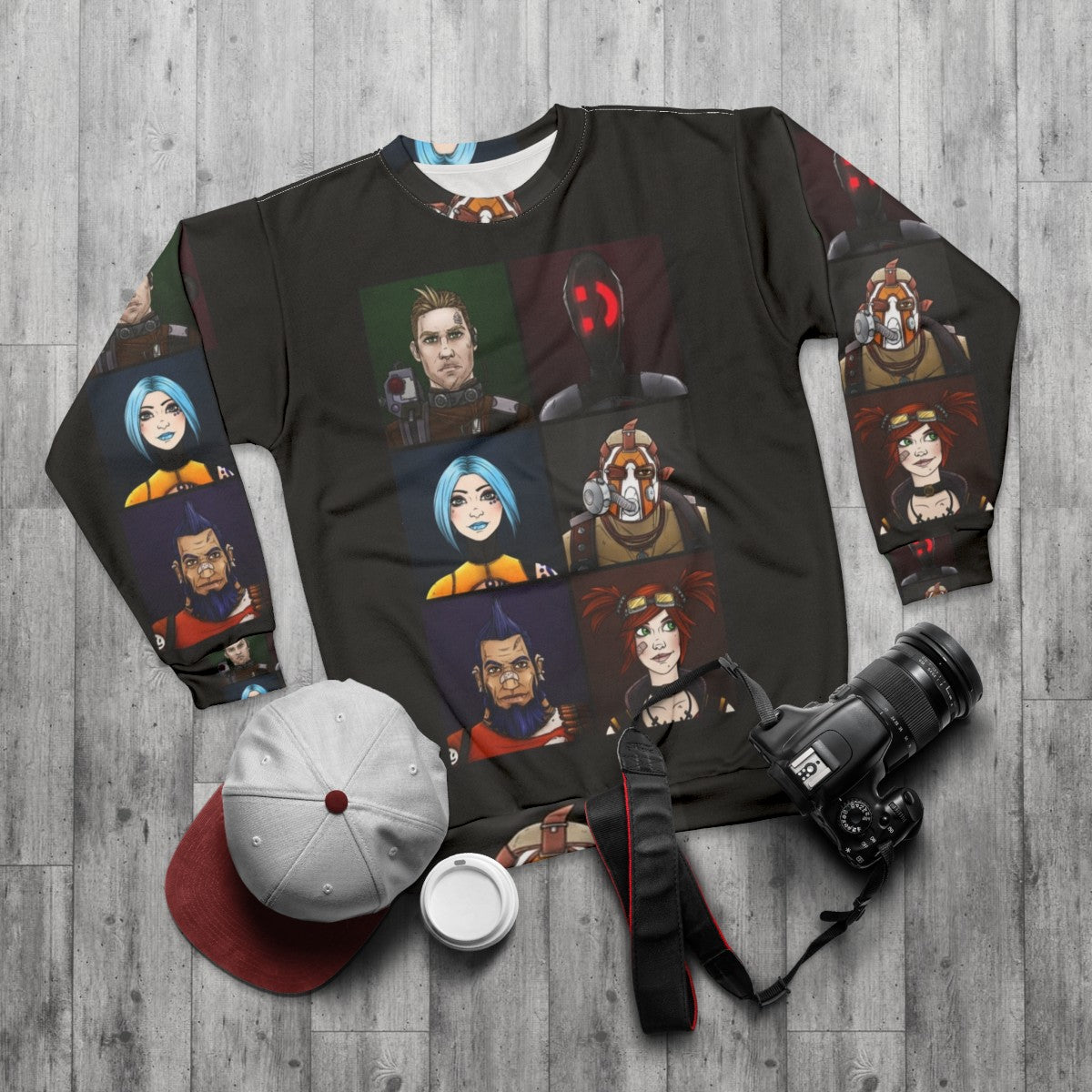 Borderlands 2 Vault Hunters Sweatshirt with fan art designs - flat lay