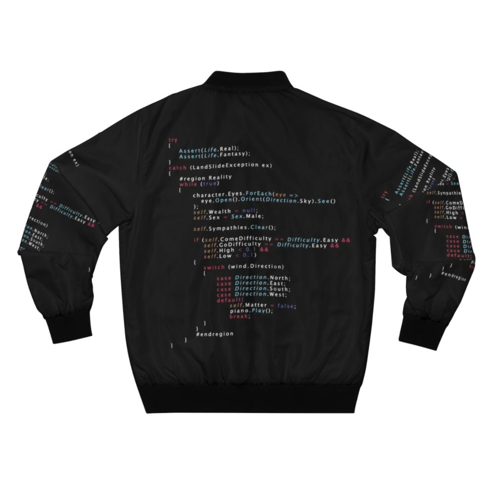 Programming bomber jacket with code-inspired color design and "Is This The Real Life?" text. - Back