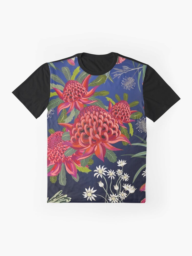 Australian native flowers, Waratah, blue and red contemporary floral art graphic on t-shirt - Flat lay