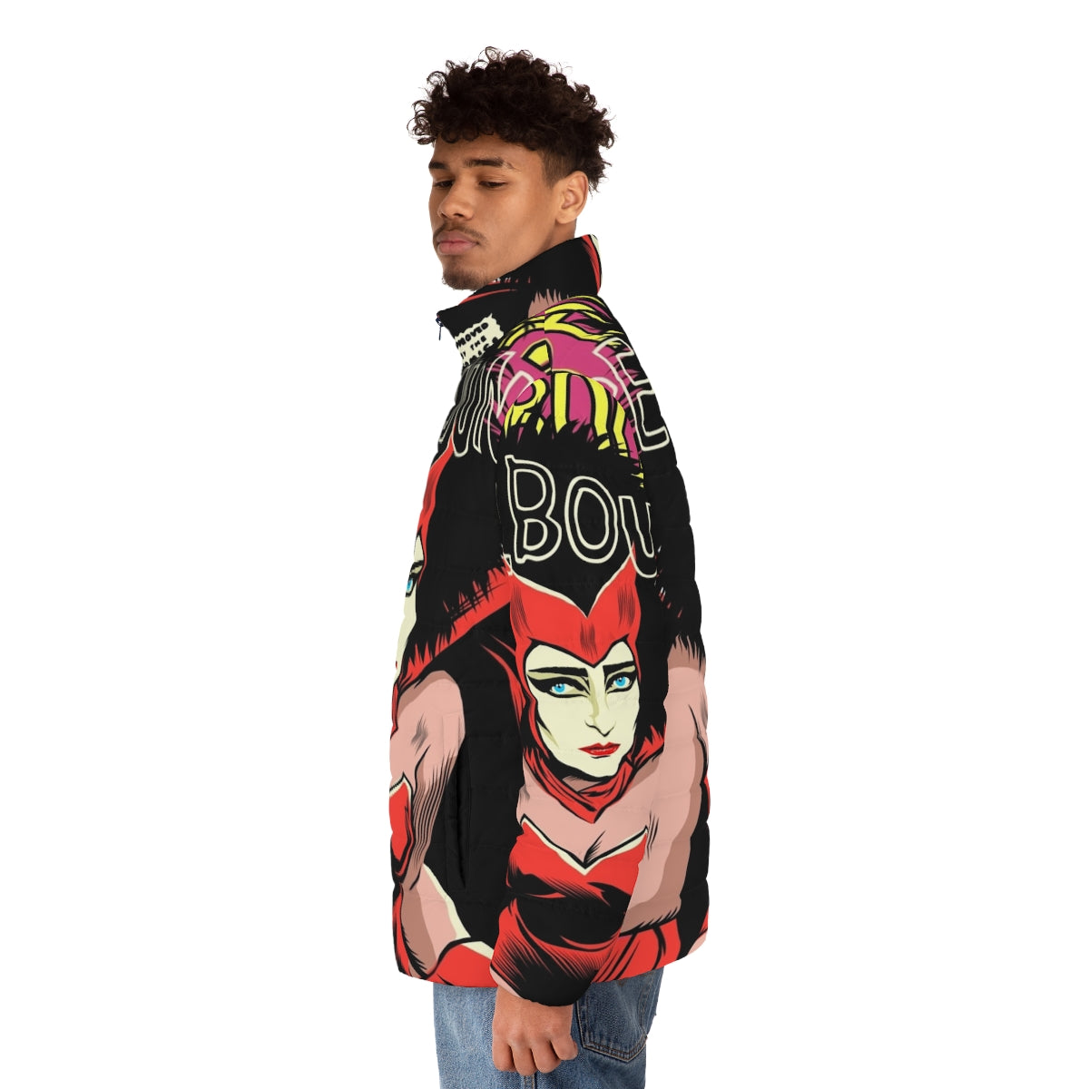 Spellbound puffer jacket with post-punk and feminist design - men side left