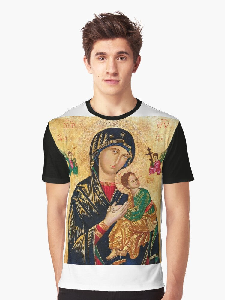 Our Lady of Perpetual Help graphic t-shirt featuring the iconic Russian Orthodox Madonna and Child image. - Men