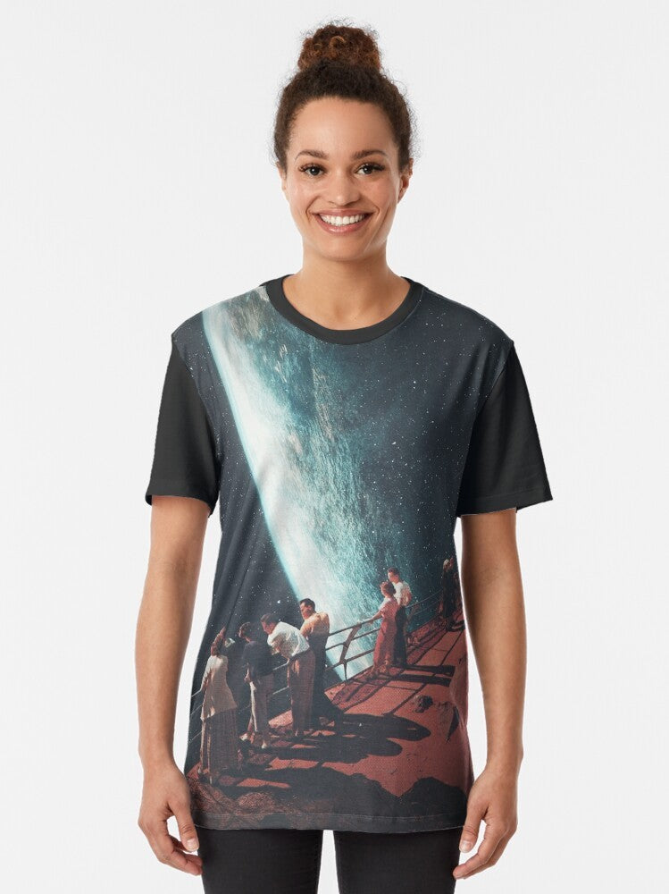 Nostalgic futuristic space retro collage graphic t-shirt design featuring a surreal landscape with planets, stars, and people. - Women