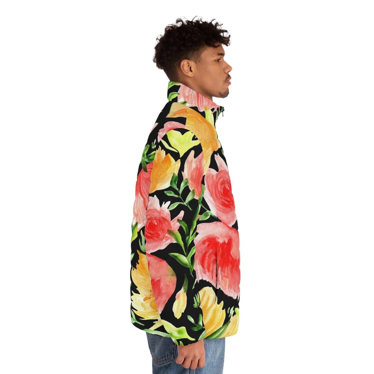 Watercolor floral puffer jacket with black background - men side right