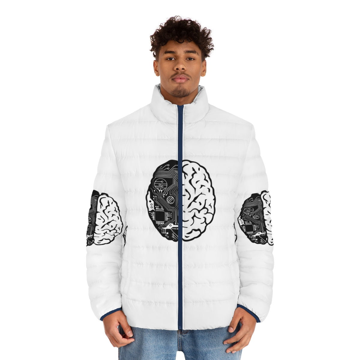 Coding Brain Puffer Jacket with binary code and programming-themed design - men front