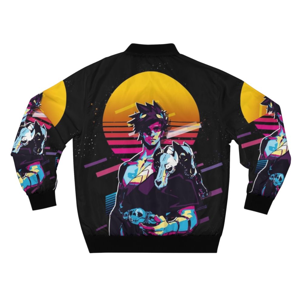 Zagreus Hades 80s Retro Bomber Jacket featuring a vibrant, nostalgic design inspired by the hit game Hades. - Back