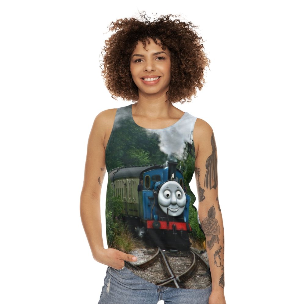 Unisex tank top with vintage steam locomotive design - women