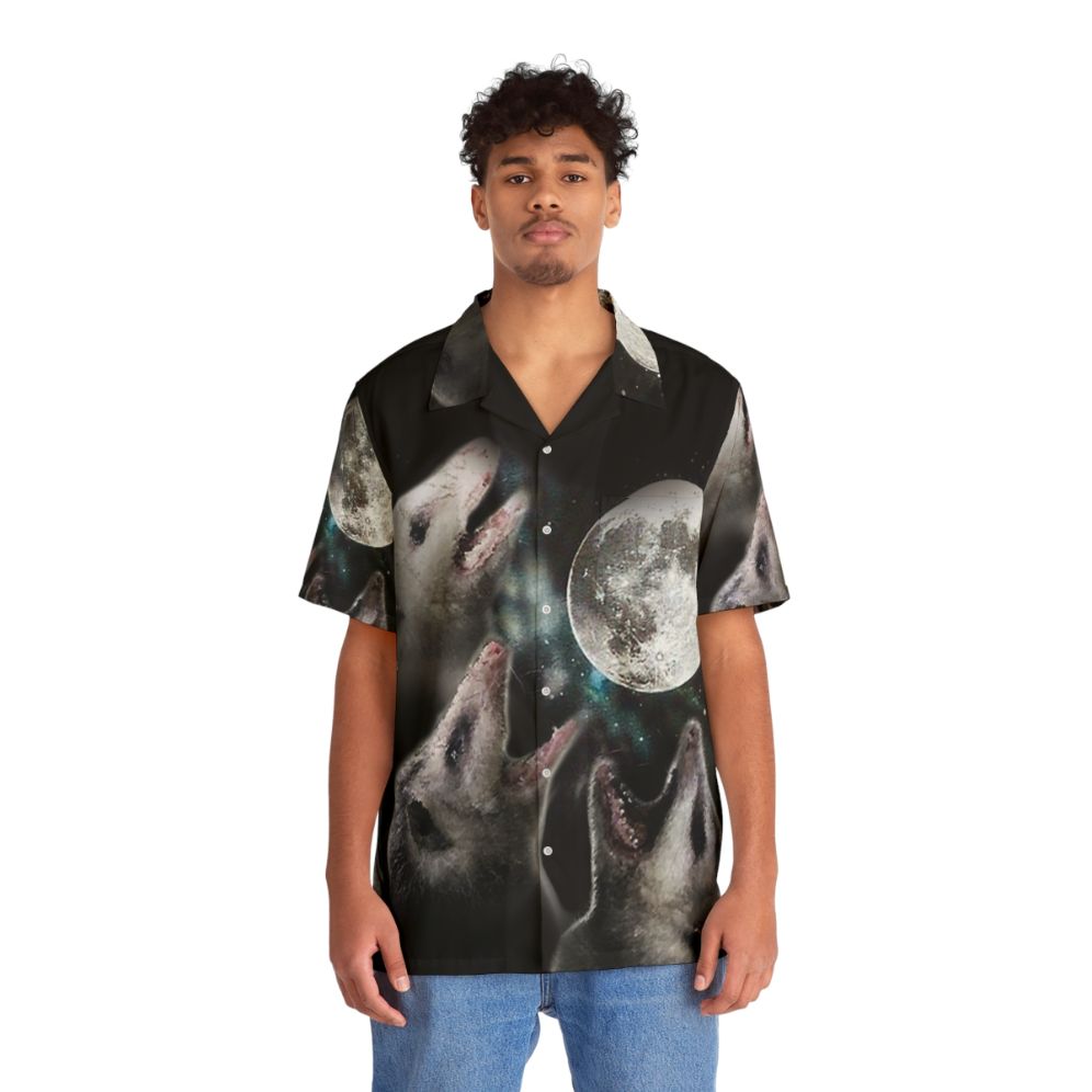 Possum Moon Hawaiian Shirt featuring a howling wolf design in a space-themed pattern - People Front