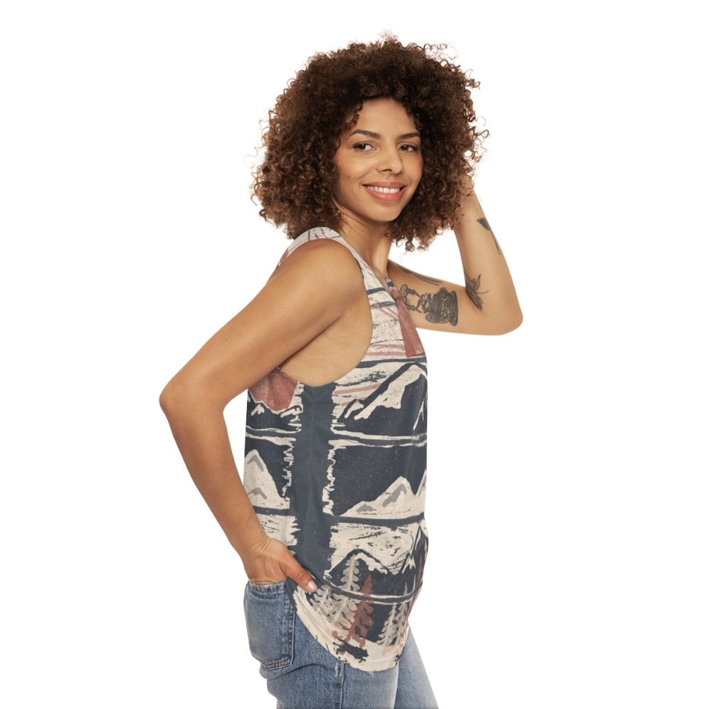 Unisex winter adventure tank top with nature and wildlife graphics - women side