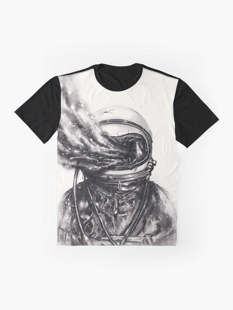 Surreal graphic design featuring an astronaut in a space environment with stars, smoke, and dust - Flat lay