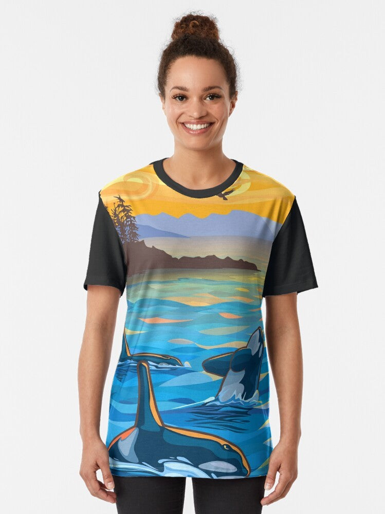 Graphic T-Shirt featuring orcas, killer whales, and dolphins in a vibrant Pacific Northwest art style - Women