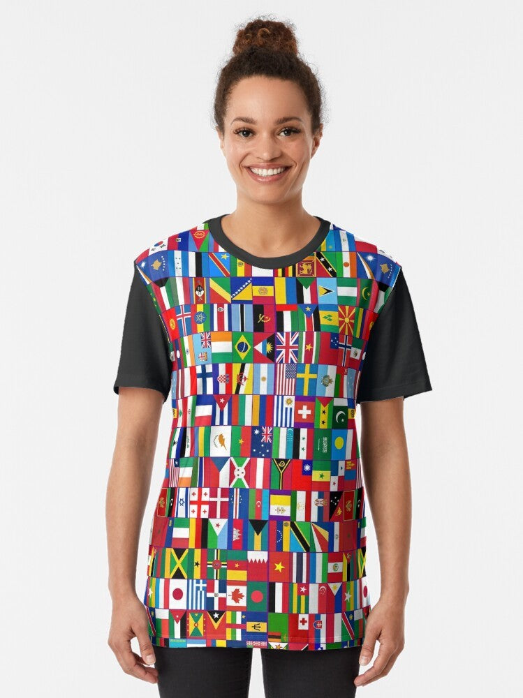 Colorful graphic t-shirt featuring flags of the world, symbolizing global unity and tolerance. - Women