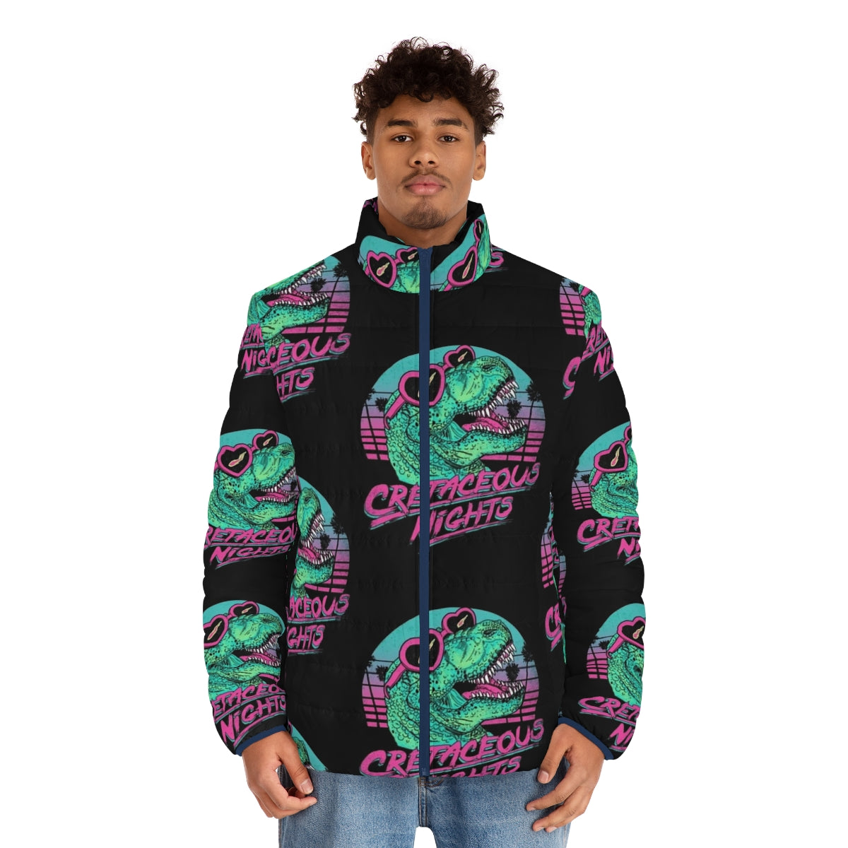 Cretaceous Puffer Jacket featuring a tyrannosaurus design in retro 80s style - men front