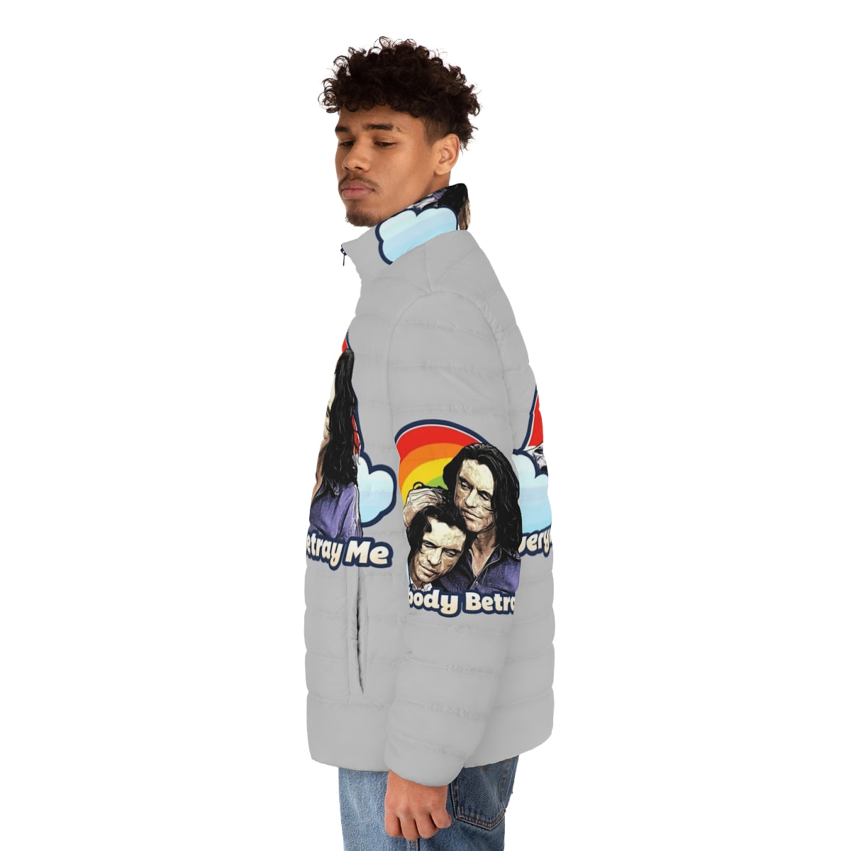 Everybody Betray Me puffer jacket inspired by the cult classic film The Room - men side left