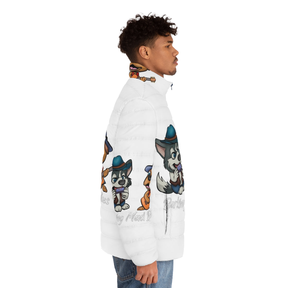 The Barking Mad Blues Duo Puffer Jacket - featuring a malamute and blues musician design - men side right