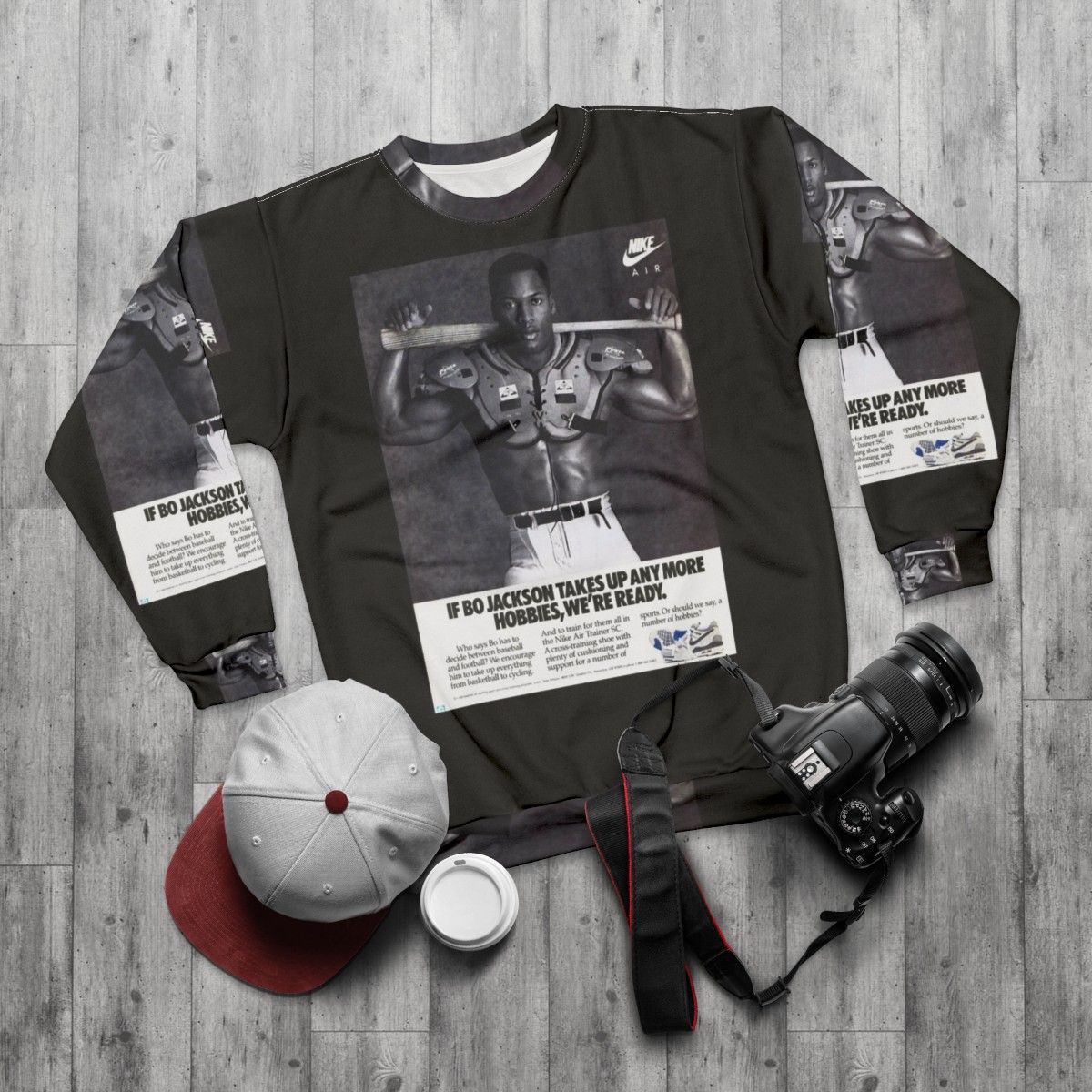 Black and White Bo Jackson Art Print Sweatshirt - flat lay