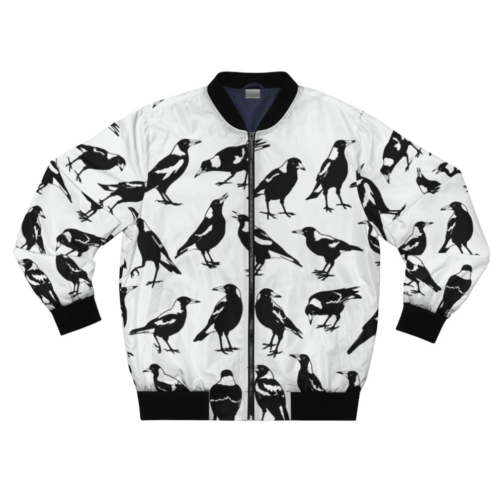 A stylish bomber jacket featuring the iconic Australian magpie bird in its natural habitat.