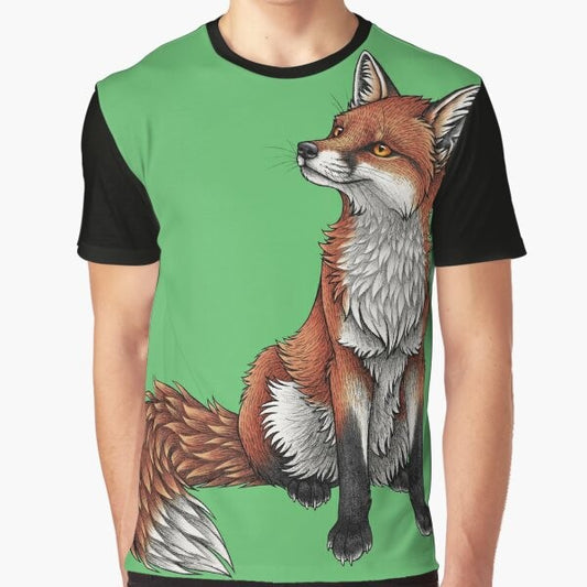 Illustration of a cute, vibrant red fox on a white t-shirt