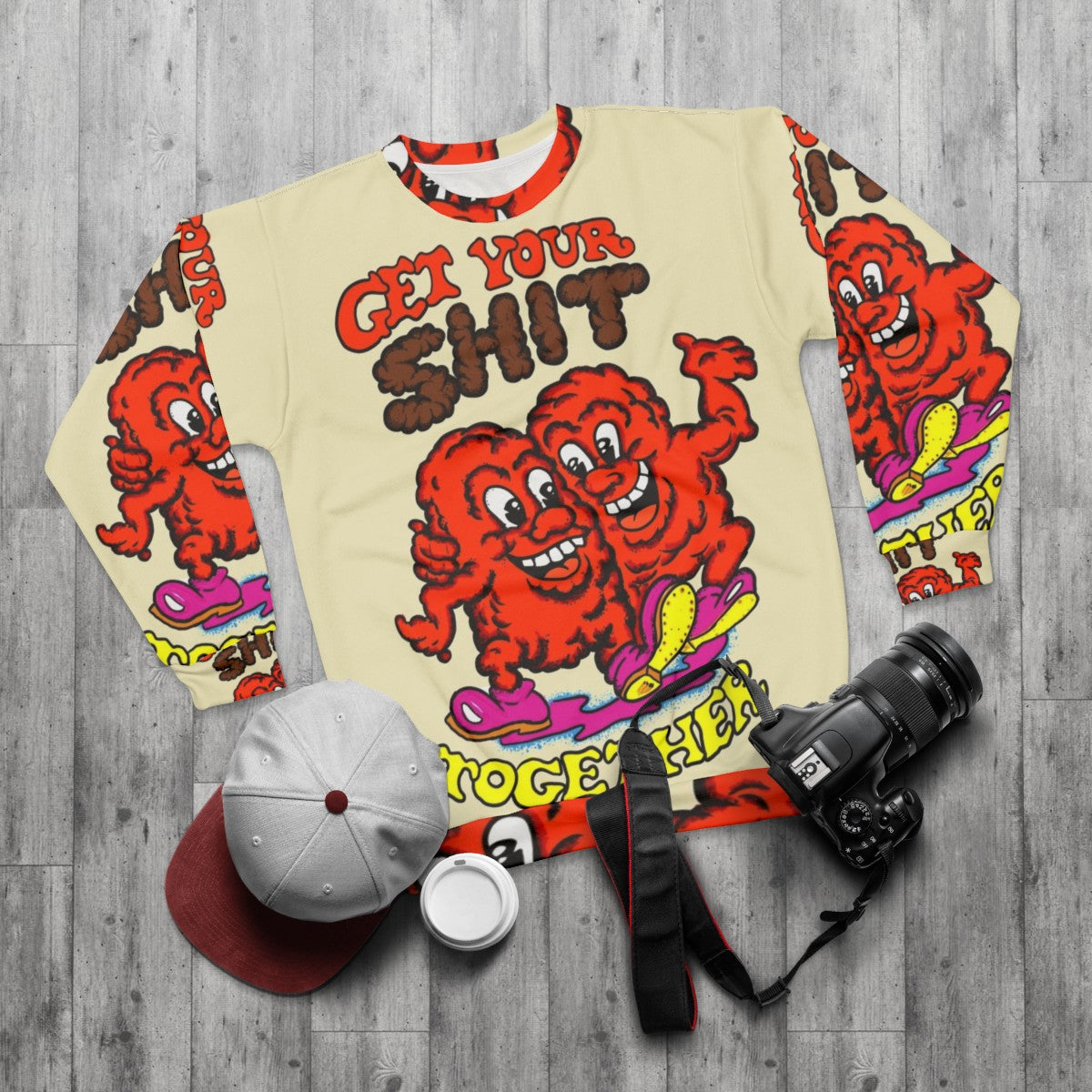 Vintage-style sweatshirt with "Get Your Shit Together" message - flat lay