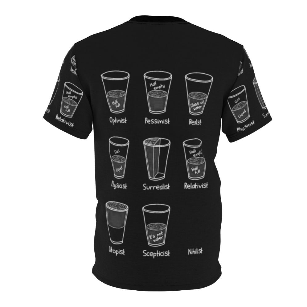 Cup philosophy t-shirt with a graphic depicting different perspectives on a cup of liquid - Back