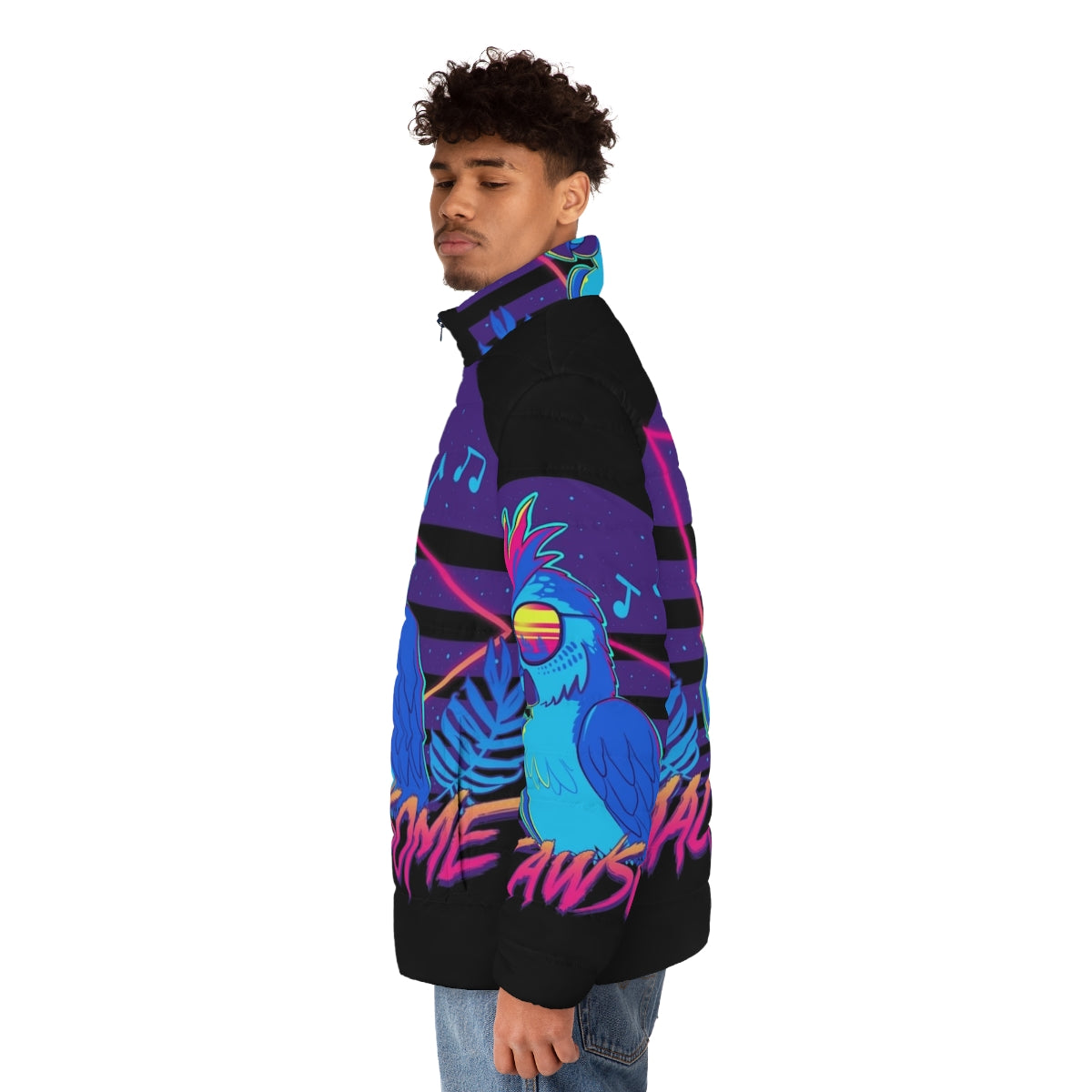 Macaw puffer jacket in a tropical, retro design - men side left