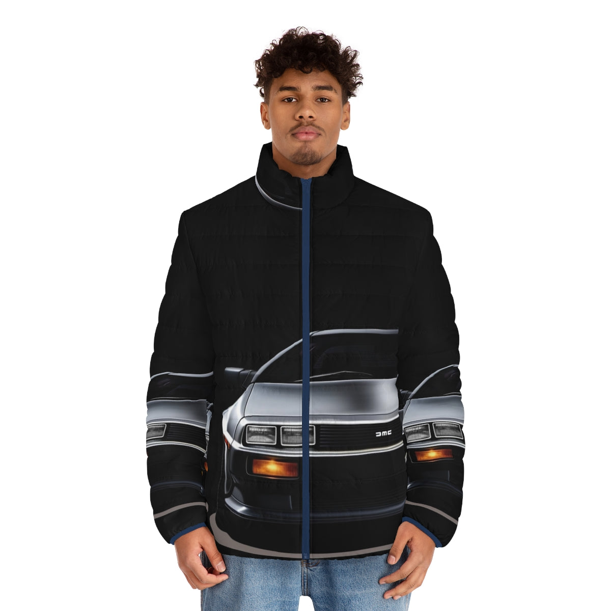 Delorean inspired puffer jacket with high-quality design and retro futuristic style - men front