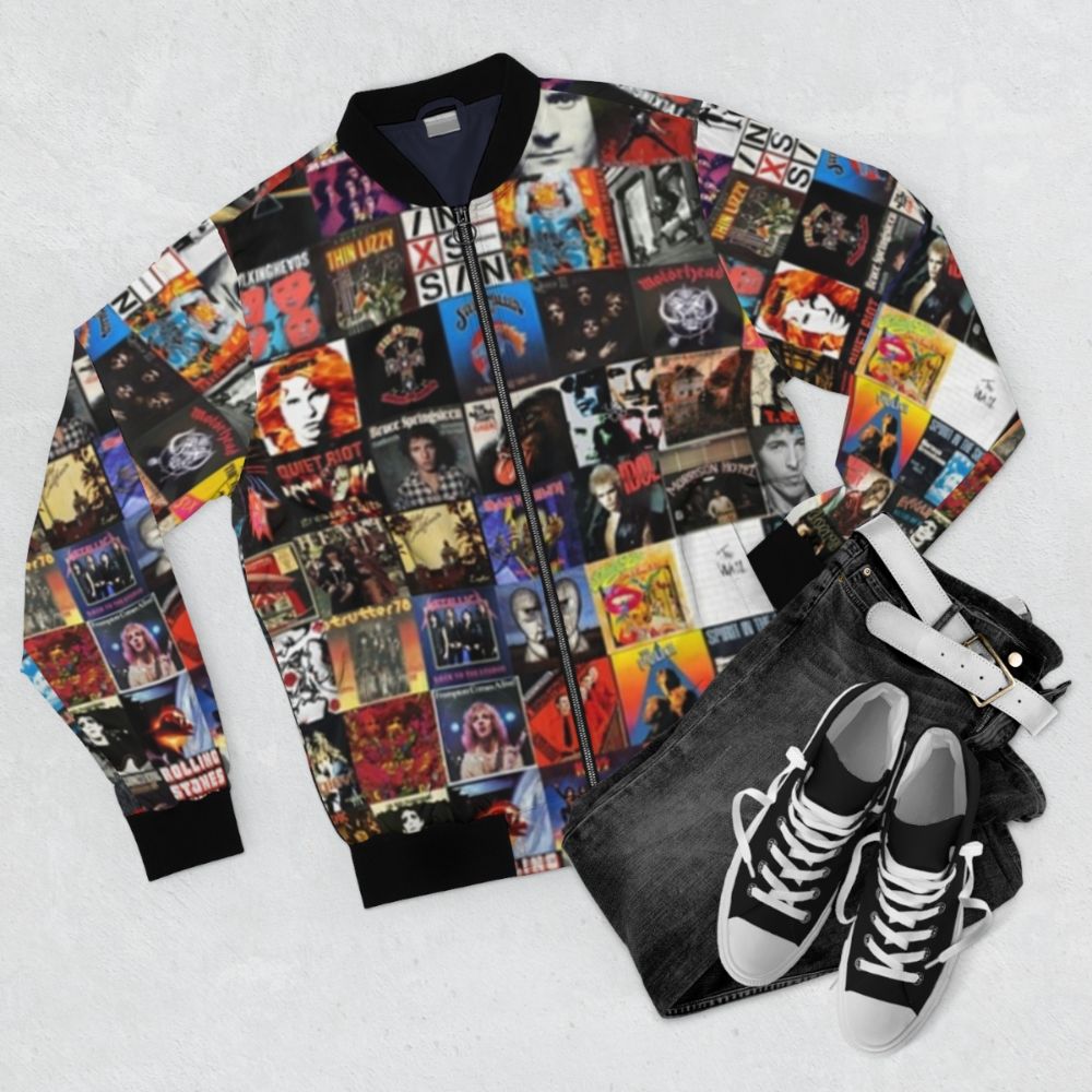 Retro vinyl collage pattern on a bomber jacket - Flat lay