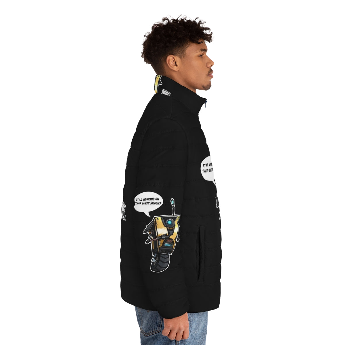 Borderlands Claptrap Puffer Jacket, featuring the iconic Claptrap robot from the Borderlands game series - men side right