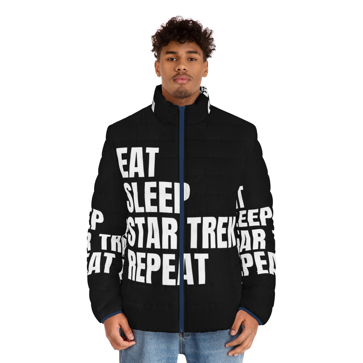 Star Trek Eat Sleep Repeat Puffer Jacket with Enterprise NCC-1701 vector design - men front