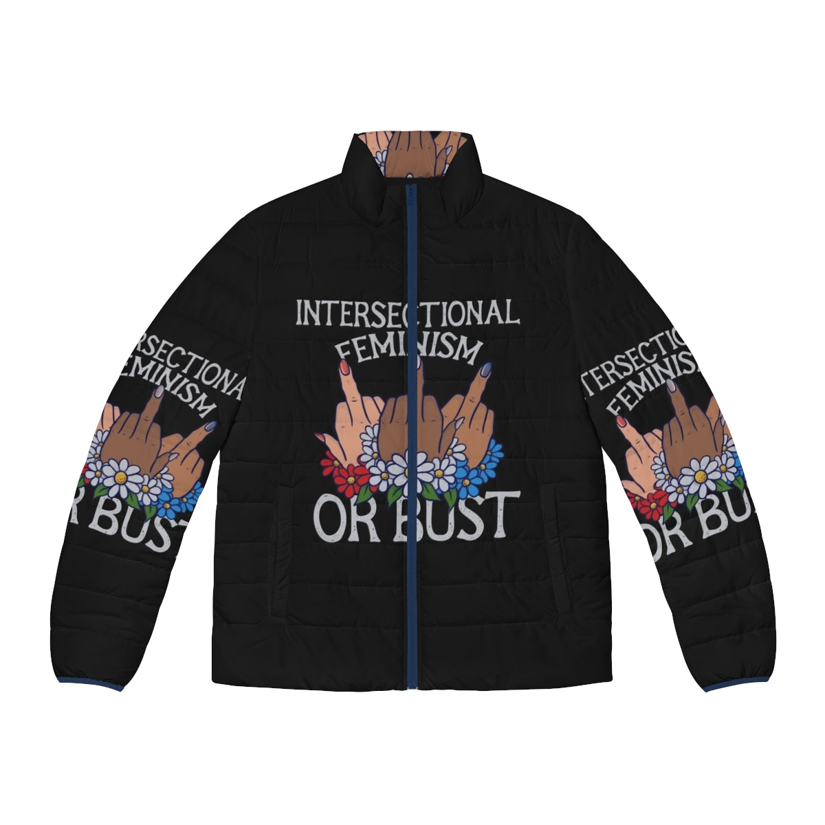 Woman wearing an intersectional feminist puffer jacket