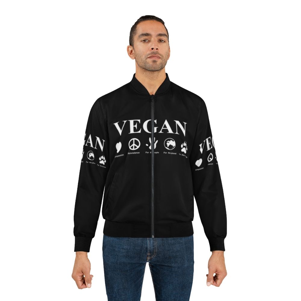 Vegan bomber jacket with text "Go Vegan" and animal-friendly design - Lifestyle