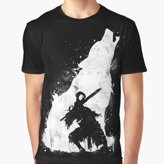 A graphic t-shirt design featuring the Abyss Warrior from the Dark Souls video game series.