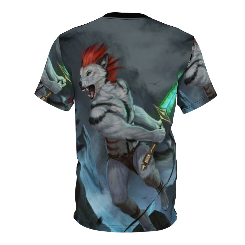 Captivating digital art t-shirt featuring an anthro wolf in a fantasy battle scene. - Back