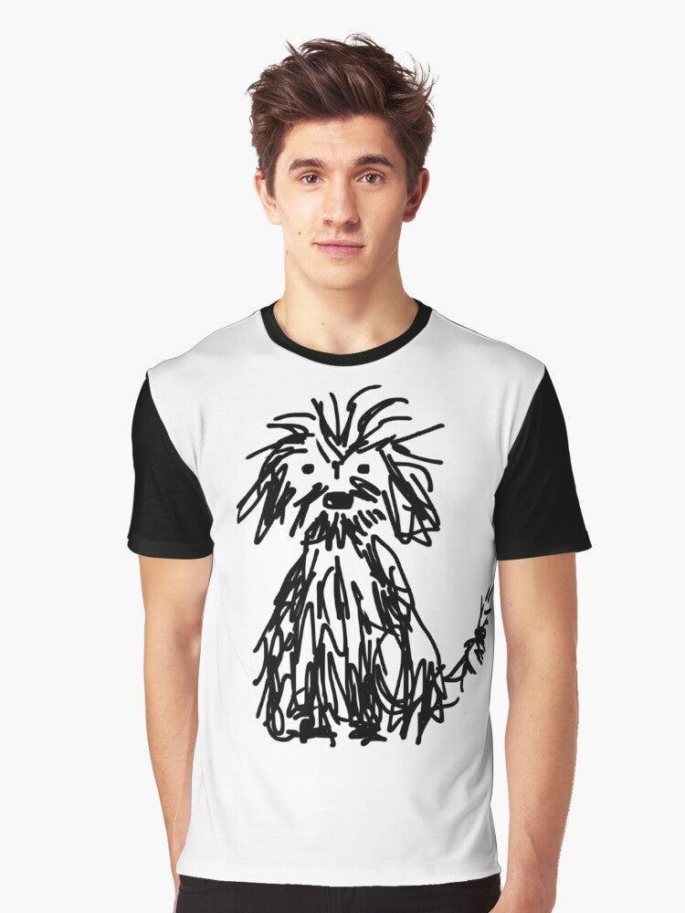 Cute shaggy black and white dog illustration on a graphic t-shirt for kids - Men