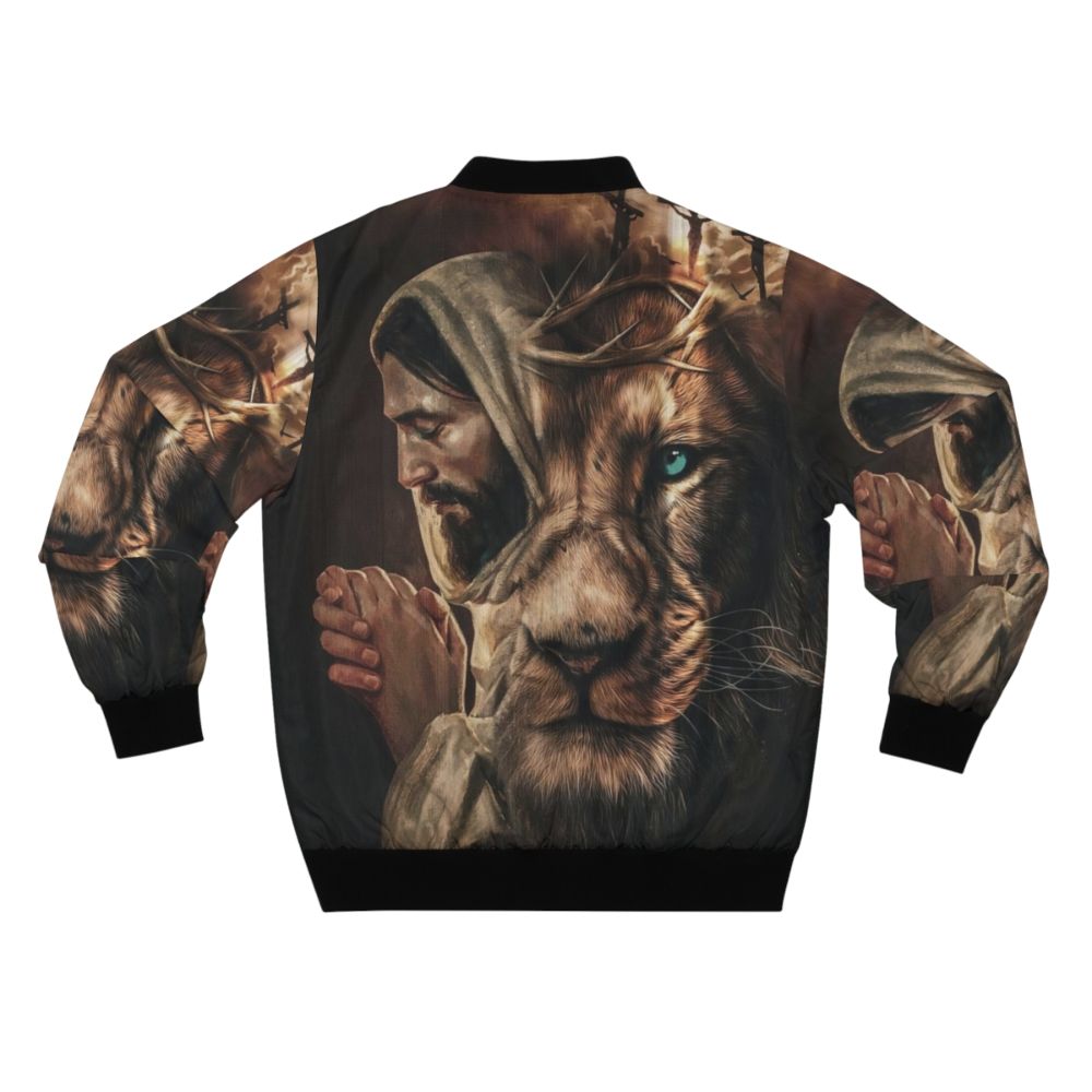 A stylish bomber jacket featuring the text "Jesus Pray and the Lion of Judah" - Back