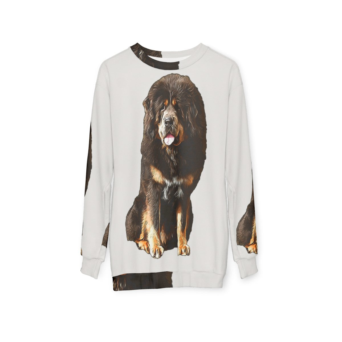 Tibetan Mastiff wearing a cozy animal print sweatshirt - hanging