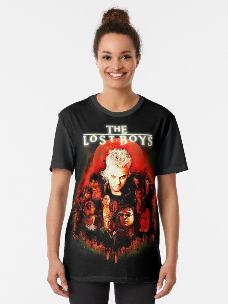 The Lost Boys 80s Horror Graphic T-Shirt featuring the iconic movie logo and characters - Women