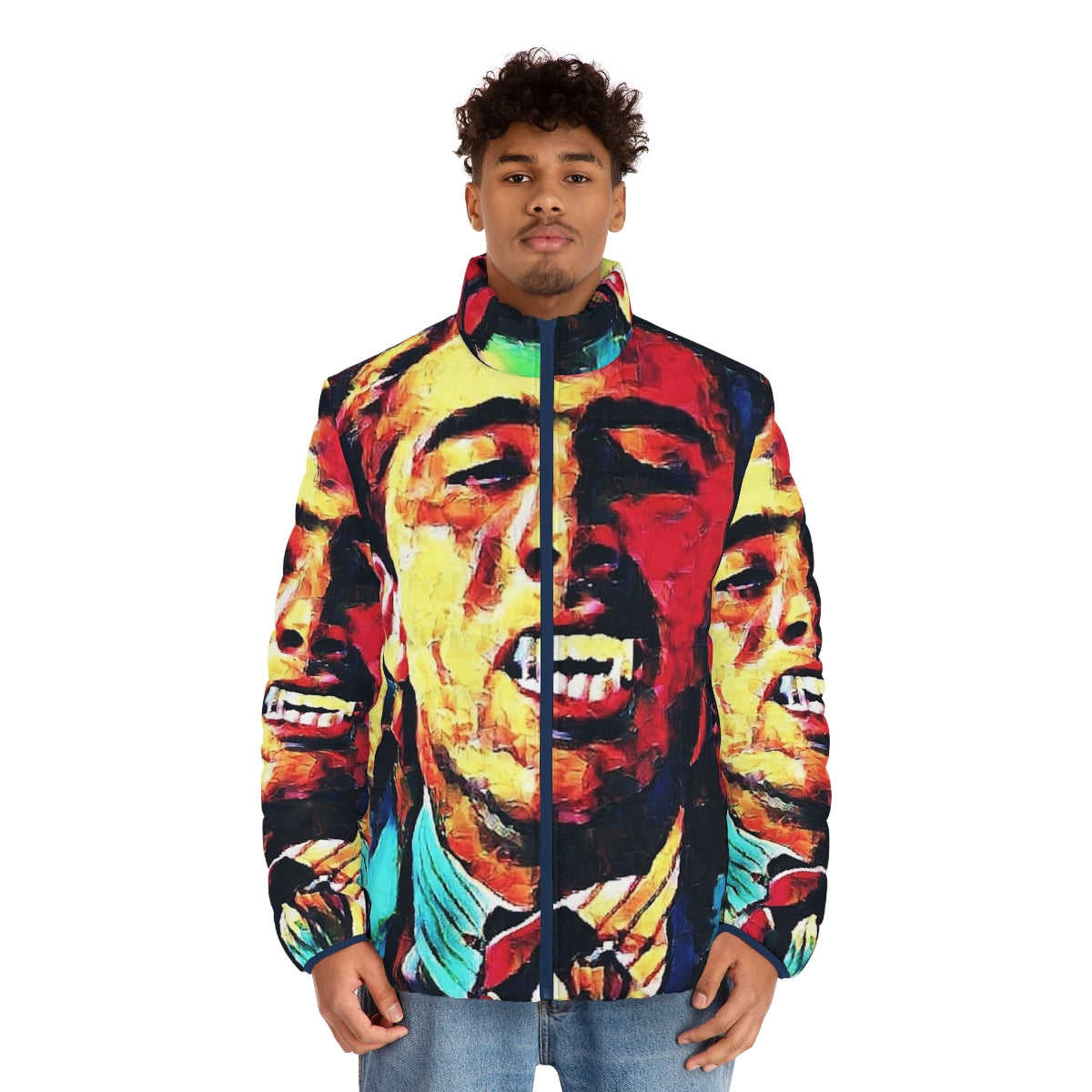 Vampire Kiss Puffer Jacket featuring a colorful and abstract vampire-inspired design - men front