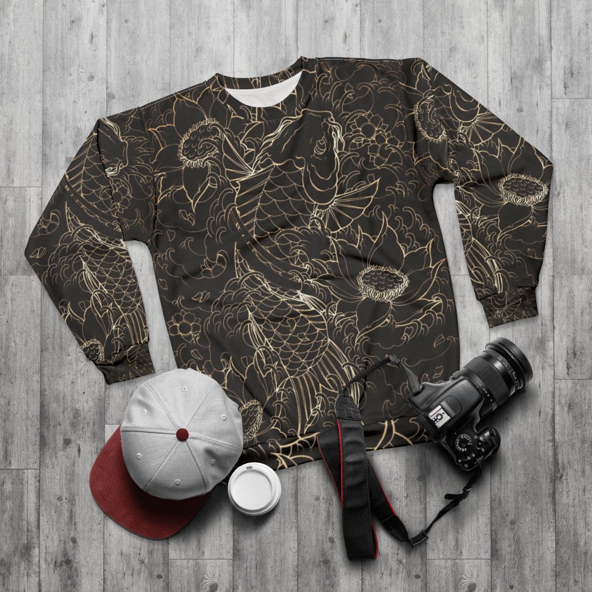 Koi fish and lotus flower design sweatshirt - flat lay