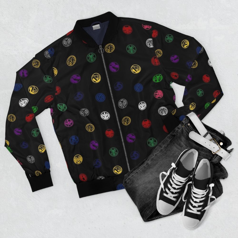 Kamen Rider OOO Bomber Jacket featuring the O Medals design - Flat lay