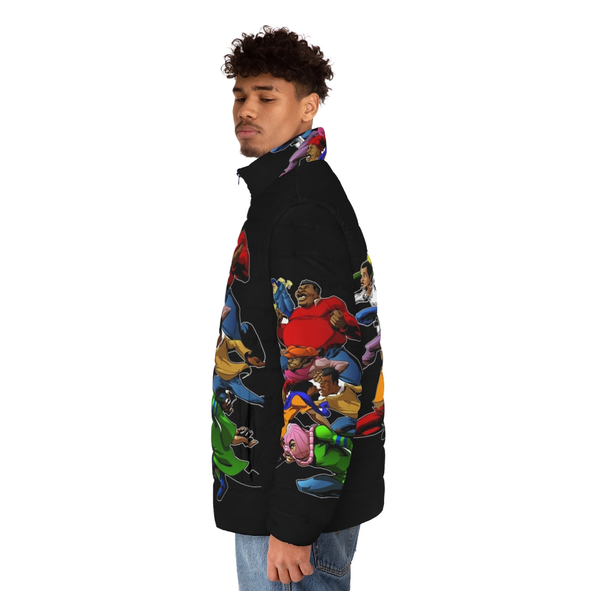 Fat Albert and the Gang retro puffer jacket with African American characters - men side left