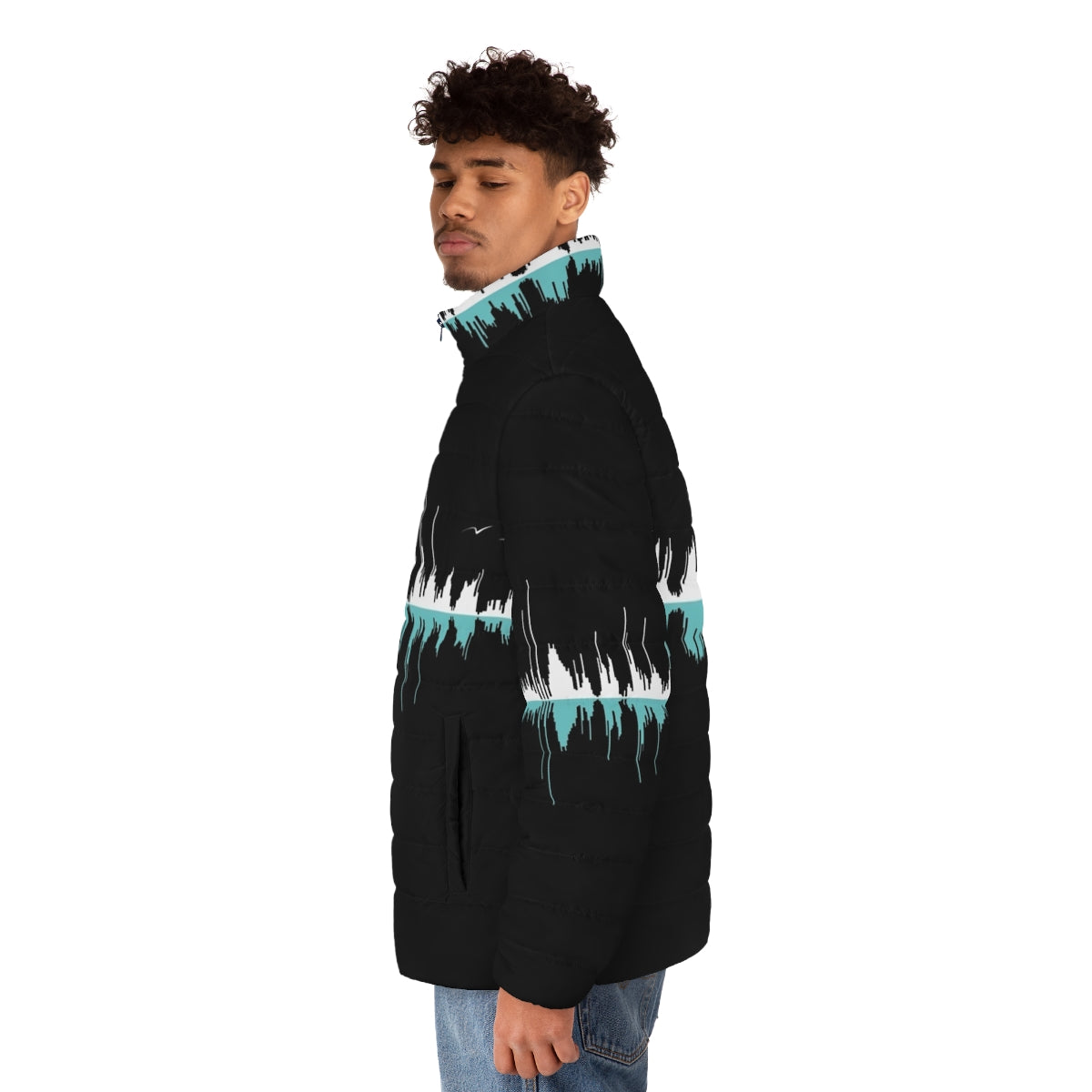 Black puffer jacket with white soundwave and city graphics - men side left