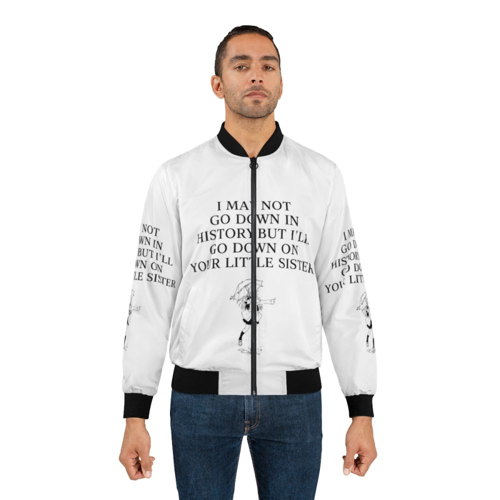 Anime-style bomber jacket with text "I may not go down in history" - Lifestyle